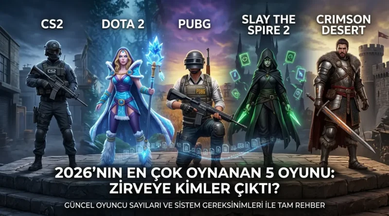 2026 yılının en çok oynanan 5 oyunu (CS2, Dota 2, PUBG, Slay the Spire 2, Crimson Desert) öncesi ve sonrası karşılaştırması.