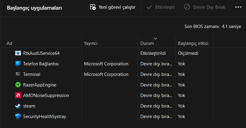 başlangıç uygulamaları kapatma